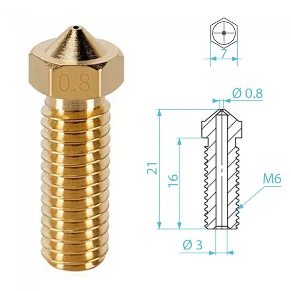 Сопло E3D Volcano, 0.8 мм, латунне, під пруток 3 мм 2100000005352 фото