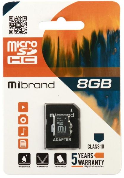 Карта пам'яті Mibrand microSDHC 8GB Class 10 + SD адаптер 8592112120124 фото